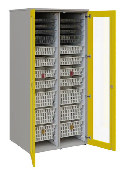 EUROMEDICA S - 90 skříň léková boxová, 2-dveřová/prosklená, 1950x900x735, korpus šedý, dvířka žlutá odio